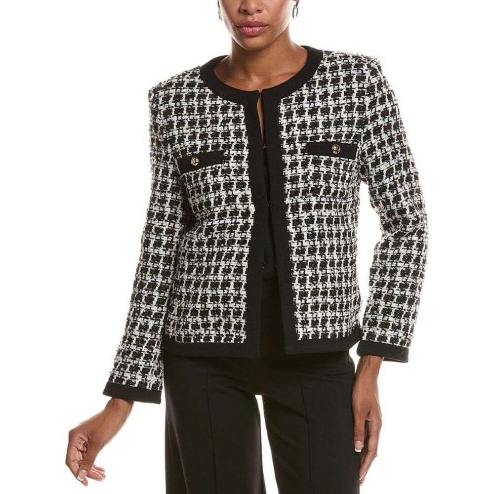 St. John Womens Contrast Tape Tweed Wool-Blend Jacket, Black